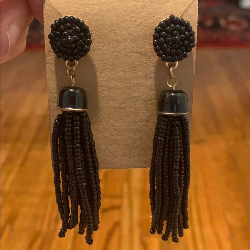 Black Beaded Tassel Earrings
